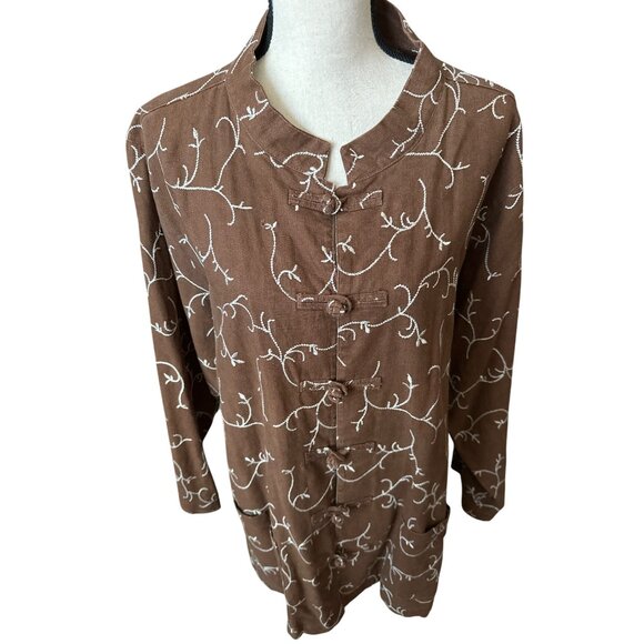 Silhouettes Brown Linen Top Cotton Embroidered Tie Knot Front Tunic Size 3X - Picture 4 of 6